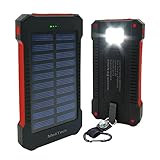 MeliTech Portable Solar Charger Waterproof Mobile Power Bank 20000mAh External Backup Battery Dual USB 5V 1A/2A Output With LED Flashlight and Compass For Phones Tablet Camera iPhone Samsung (Red)