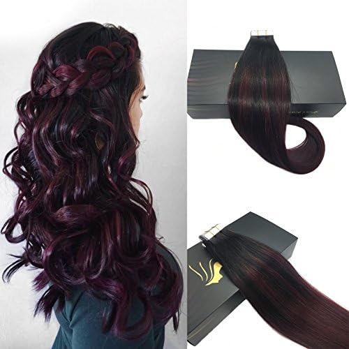 Doores 14inch Multi-Color Brazilian Remy Real Human Hair Balayage Natural Black #1B to Wine Red 99J Ombre Tape in Human Hair Extensions 20pcs 50g