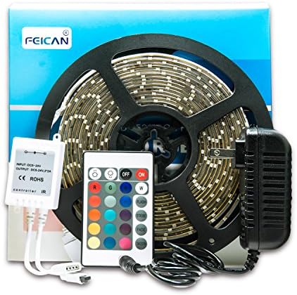 Feican 16.4ft SMD3528 RGB LED Strip 54Leds/m+24Key IR Remote Controller +12V 2A Power Adapter Flexible Led Light Home Decoration Lamps (Waterproof)