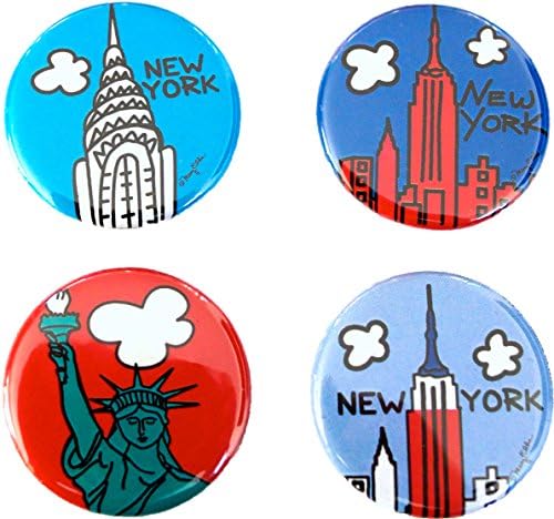 New York Mini Button Set of 4 1.25 inch NY City Souvenir Lapel Pins by Artist Mary Ellis (NY Set 4)