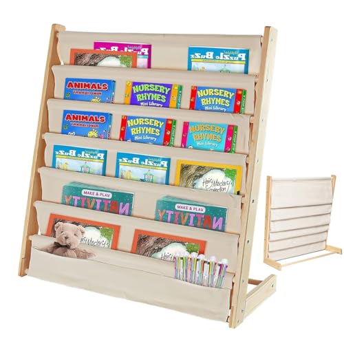 Beauenty 6-Tier Kids Bookshelf,Wood Bookrack,Canvas Book Storage Shelf Display,With Deep Sleeve Storage,Kids Book Rack Storage,Baby Bookcase Organizer,Magazine Rack,Toy Storages(80 * 75 * 30CM)