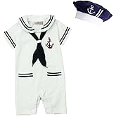 stylesilove.com Baby Boy Marine Sailor Cotton Romper Onesie with Hat and Necktie 3pcs Holiday Outfit