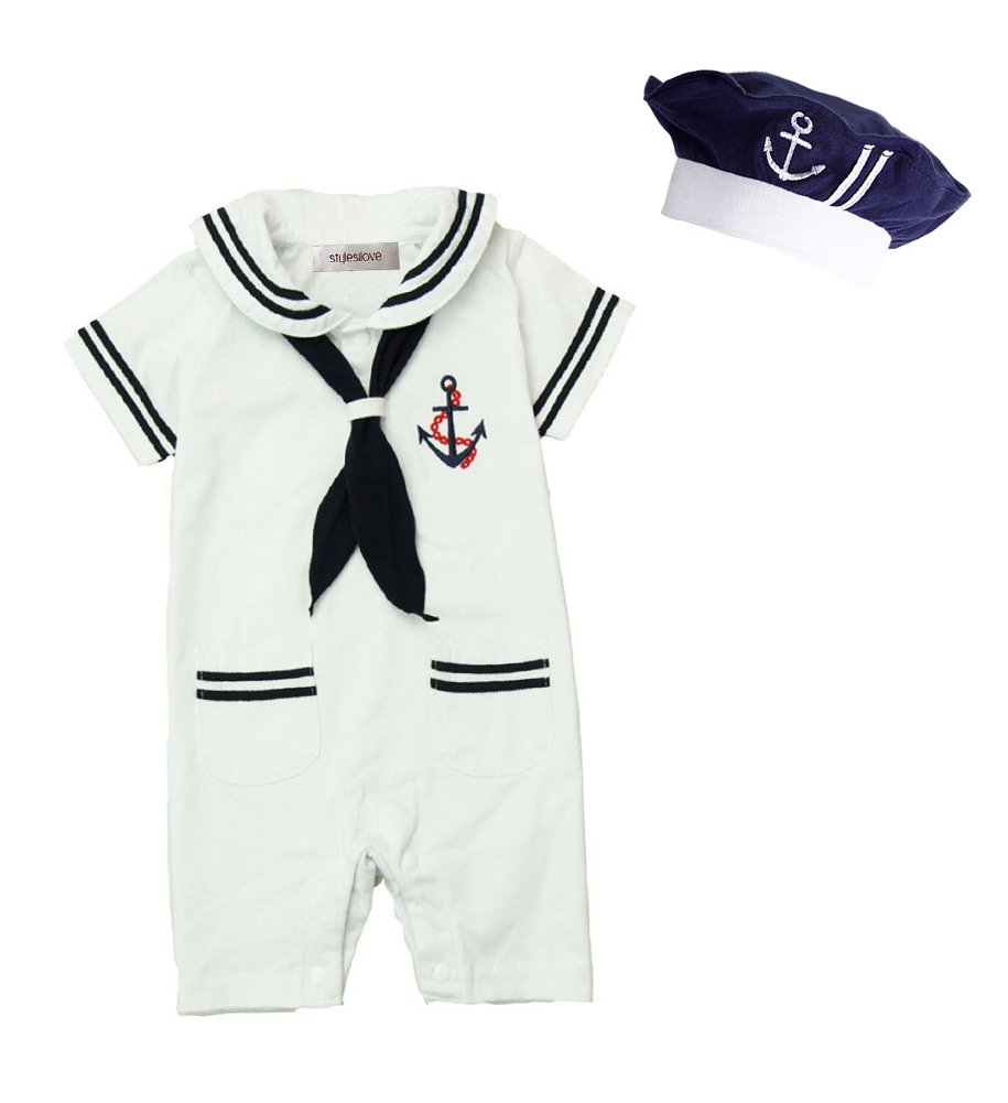 Photo 1 of stylesilove Baby Boy Marine Sailor Romper Onesie Set with Hat & Necktie - 3-Piece Holiday Outfit Cotton (White - Short Sleeve, 18-24 Months)