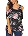 Sherosa Women's Floral Print Cut Out Shoulder Short Sleeve T Shirt Tops Blouse (XL, Black)