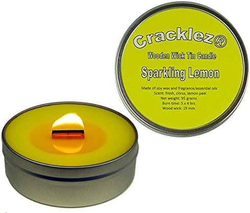 Cracklez Crackling Scented Wooden Wick Tin Candle Sparkling Lemon. Yellow.