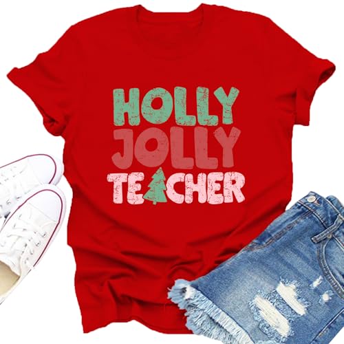 Dabon Christmas Shirts for Women Holly Jolly Teacher Tee Tops Red at Amazon
