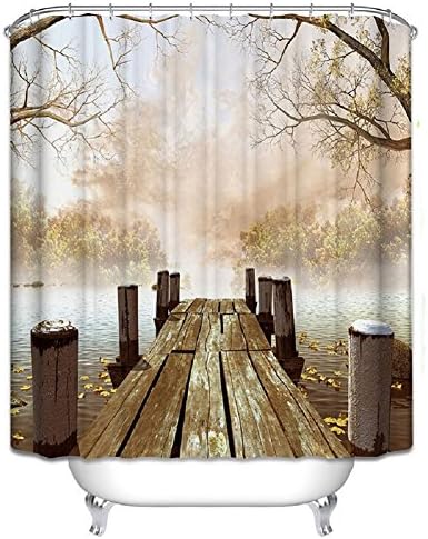 Bathroom Shower Curtain Sets, 3D Digital Printing Retro Vintage Wooden Bridge Pattern, Waterproof and Mildew Resistant Polyester Fabric Shower Curtain Collection with Hooks (72x72 inch)