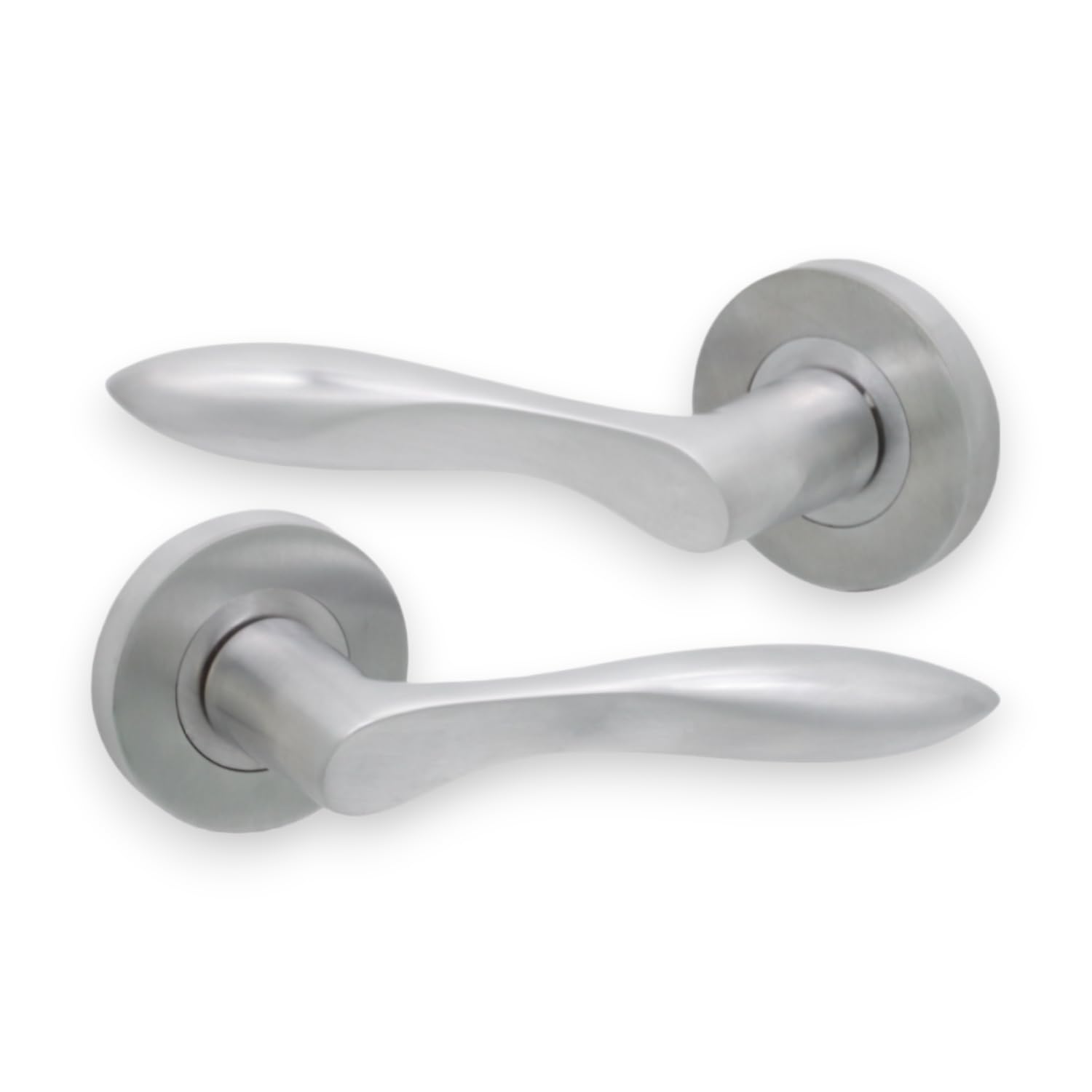 Infinity Decor Pair of Bell Satin Chrome Solid Brass Lever Latch Door Handles on Round Rose Set - Ideal for Interior & Exterior Doors
