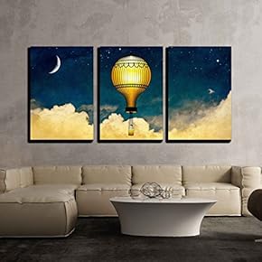 3 Piece Canvas Wall Art - Man Flyinig with Bulb-Like Hot Balloons Over The Clouds at Night - Modern Home Art Stretched and Framed Ready to Hang - 16"x24"x3 Panels