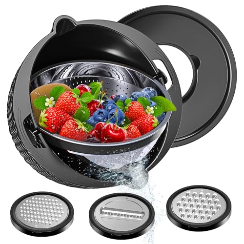 4-1 Colander with Bowl Set - Colander for Kitchen - Strainers and Colanders - Pasta Strainer - Funny Presents for Women - Rice Strainer Fruit Cleaner Veggie Wash Kitchen Gadgets Essentials, Black