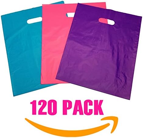 Merchandise Bags | 12 X 15 | Shopping Bags With Handles | Glossy Plastic Store Bags For Fashion Consultants Needing A Stylish Boutique Bag At Pop Up Events | Party Supplies | 40 Pink 40 Purple 40 Teal