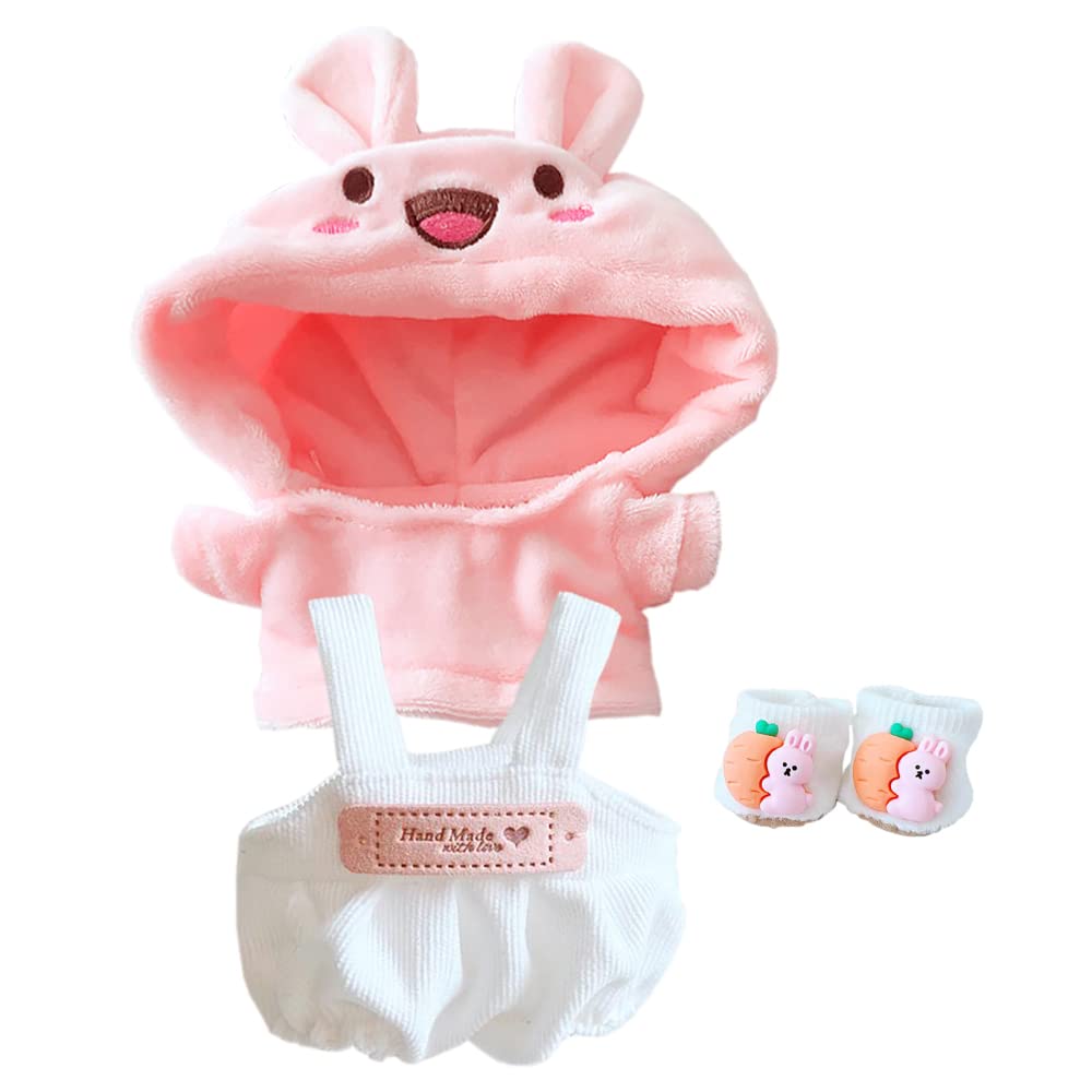 niannyyhouse Rabbit Suit Dress Up Hoodie Corduroy Overalls Shoes 7.8in（20cm）Plush Doll Stuffed Figures Toys Clothes Accessories (Pink)