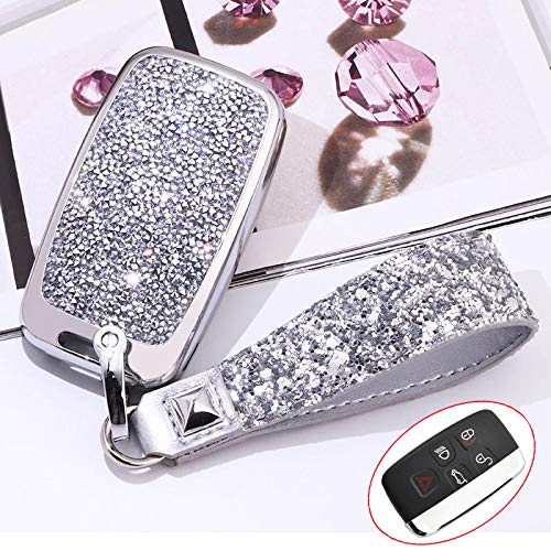 Royalfox(TM) 5 Buttons 3D Bling keyless Entry Remote Smart Key Fob case Cover for Land Rover Defender Discovery Sport LR2 LR3 LR4 Range Rover Sport EVOQUE and Jaguar XF XJ XJL XE F-PACE (Silver)