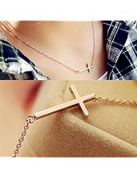 Sideways Collar con cruz de acero inoxidable enchapado en oro 18K simple, color plateado o dorado, con dije simple de cruz de Ghome, 18 pulgadas, con caja de regalo para mujeres y niñas