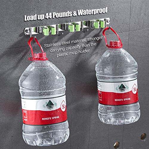 Broom Mop Holder Wall Mount Stainless Steel Wall Mounted Storage Organizer Heavy Duty Tools Hanger with 3 Racks 4 Hooks for Kitchen Bathroom Home Kitchen Garage Garden