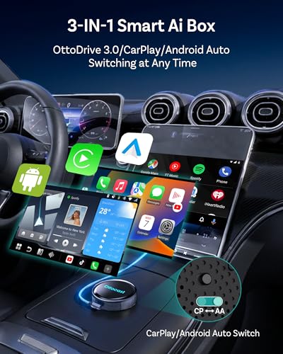 OTTOCAST P3 Pro Wireless CarPlay Adapter, Android 13 AI Box, AI Voice, HDMI Dual Screen, Cloud SIM Built-in, OttoDrive 3.0, Plug & Play for Cars with Wired CarPlay/Android Auto