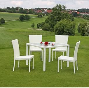 Homy - Conjunto de Jardín ROM, en Poly Ratán, Mesa + 4 sillas apilables