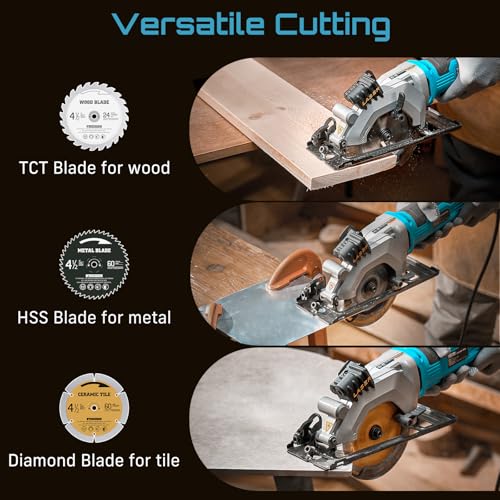 Seesii Mini Circular Saw with Laser Guide, 4.8A 4000RPM Compact Corded Circular Saw, 3 Pcs 4-1/2" Blades for Wood, Soft Metal, Tile, Plastic, 0-45° Bevel, Max Depth 1-11/16" at 90° and 1-1/8"at 45°
