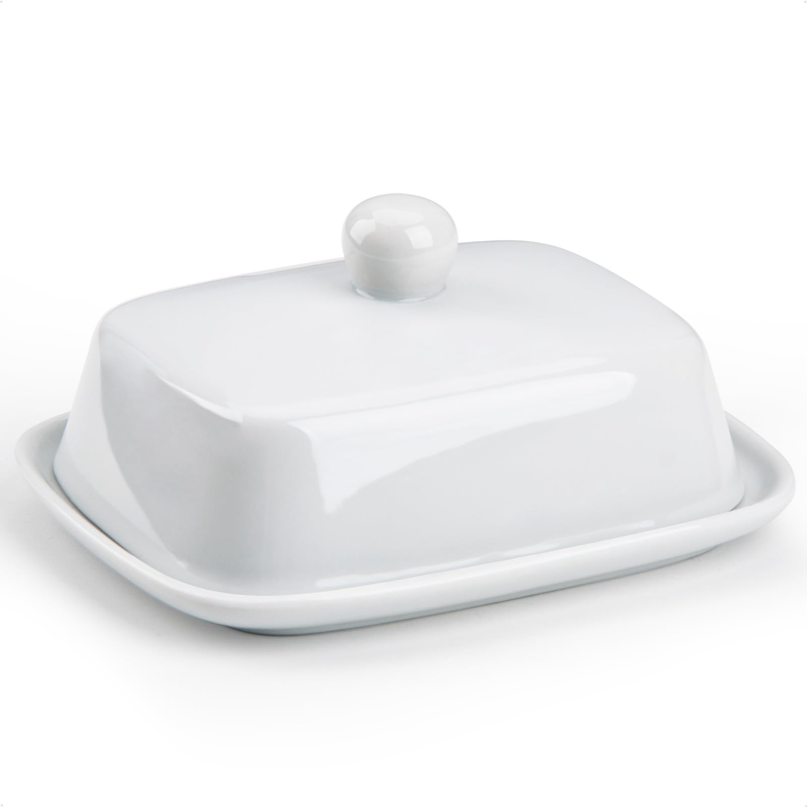 HONZUEN Small Ceramic Butter Dish with Lid and Handle, Porcelain Butter Holder for Countertop, Farmhouse Butter Storage Container for Kitchen, White