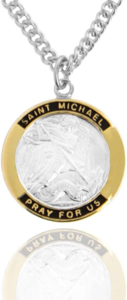 Heartland Men's Round Two-Tone Sterling Silver Saint Michael Medal + USA Made + Pick Chain