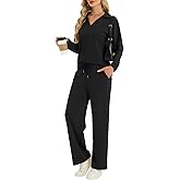 YOKGO Two Piece Sets for Women Casual Fall Lounge Sets Long Sleeve V-Neck Tops Wide Leg Pants Vacation Travel Outfits
