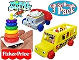 World's Smallest Fisher-Price Chatter Telephone, Rock-A-Stack & Little People School Bus Complete Gift Set Party Bundle - 3 Pack
