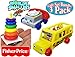 World's Smallest Fisher-Price Chatter Telephone, Rock-A-Stack & Little People School Bus Complete Gift Set Party Bundle - 3 Pack