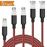Lightning Cable,Zouxin Charger Cables 5Pack 3FT 6FT 6FT 10FT 10FT to USB Syncing Data and Nylon Braided Cord Charger for iPhone X/8/8Plus/7/7Plus/6/6Plus/6s/6sPlus/5/5s/5c/SE and more (Black&Red)