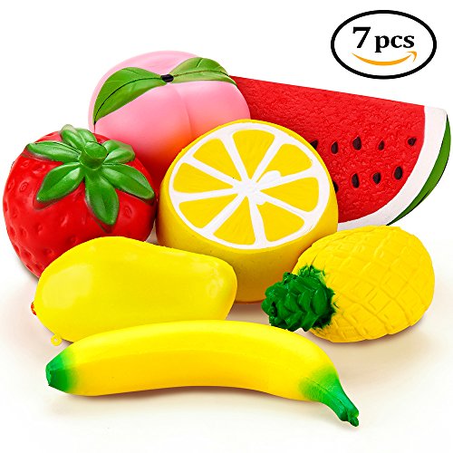 7 Packs Jumbo Squishies Slow Rising Fruit Squishies Strawberry Peach Pineapple Watermelon Mango Banana Lemon Squishies Kawaii Soft Squeeze Squishies Toys for Kids & Adults