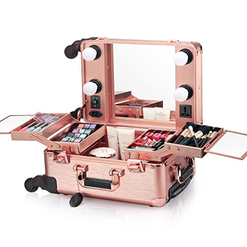 Ovonni Small LED Makeup Train Case, Lighted Rolling Travel Portable Cosmetic Organizer Box with Mirror and 4 Detachable Wheels, Professional Artist Trolley Studio Free Standing Workstation, Rose Gold (Best Light Bulbs For Makeup Artists)