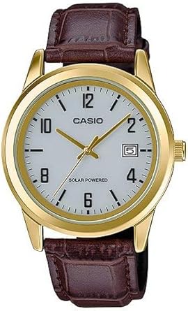 Casio MTP-VS01GL-7B - Reloj de pulsera para hombre, tono dorado, correa de cuero solar, esfera gris, fecha