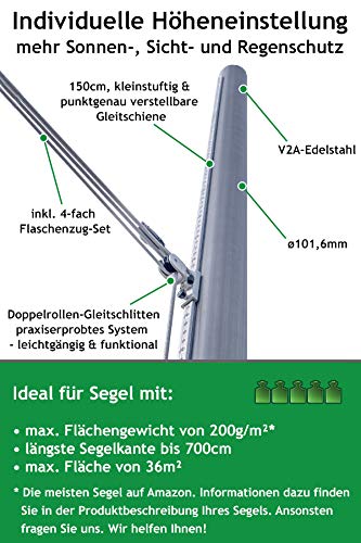 Pina DESIGN seit 1979 - Sonnensegel Stange höhenverstellbar 3m, aus V2A Edelstahl inkl. Zubehör - 4-Fach Flaschenzug-Set… – Bild 4