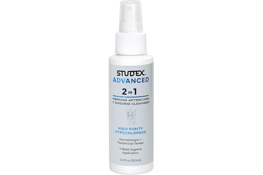 Studex Advanced 2-in-1 Piercing Aftercare & Cleanser – Hypochlorous Spray for Body and Ear Piercing, Hypoallergenic Formula for Sensitive Skin (3.4oz)