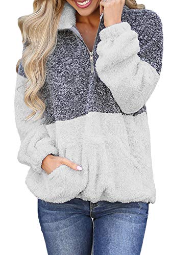 OLIVE TREEÂ Women Long Sleeve Sherpa PulloverÂ Zippered Soft Tops Coat Fleece with Pocket