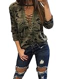 FISACE Women's Long Sleeve Camouflage Lace-up Loose Fit T Shirt Tops