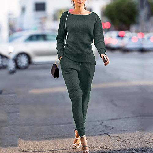 Dreamyth-Winter 2Pcs Women Solid Tracksuit Sweatshirt Regular Sleeve Long Pants Sport Lounge Wear Suit Sets (Army Green, S:Bust:98cm/38.6'')