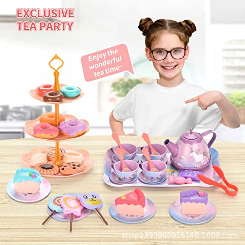 AM ANNA 48 PCS Toy Unicorn Tea Set for Little Girls, Princess Tea Party Play Toy Kid Tea Set Including Teapot,Cups, Plates, Dessert, Drinks & Carrying Case, Kitchen Pretend Play Toys(Unicorn Tea Set)