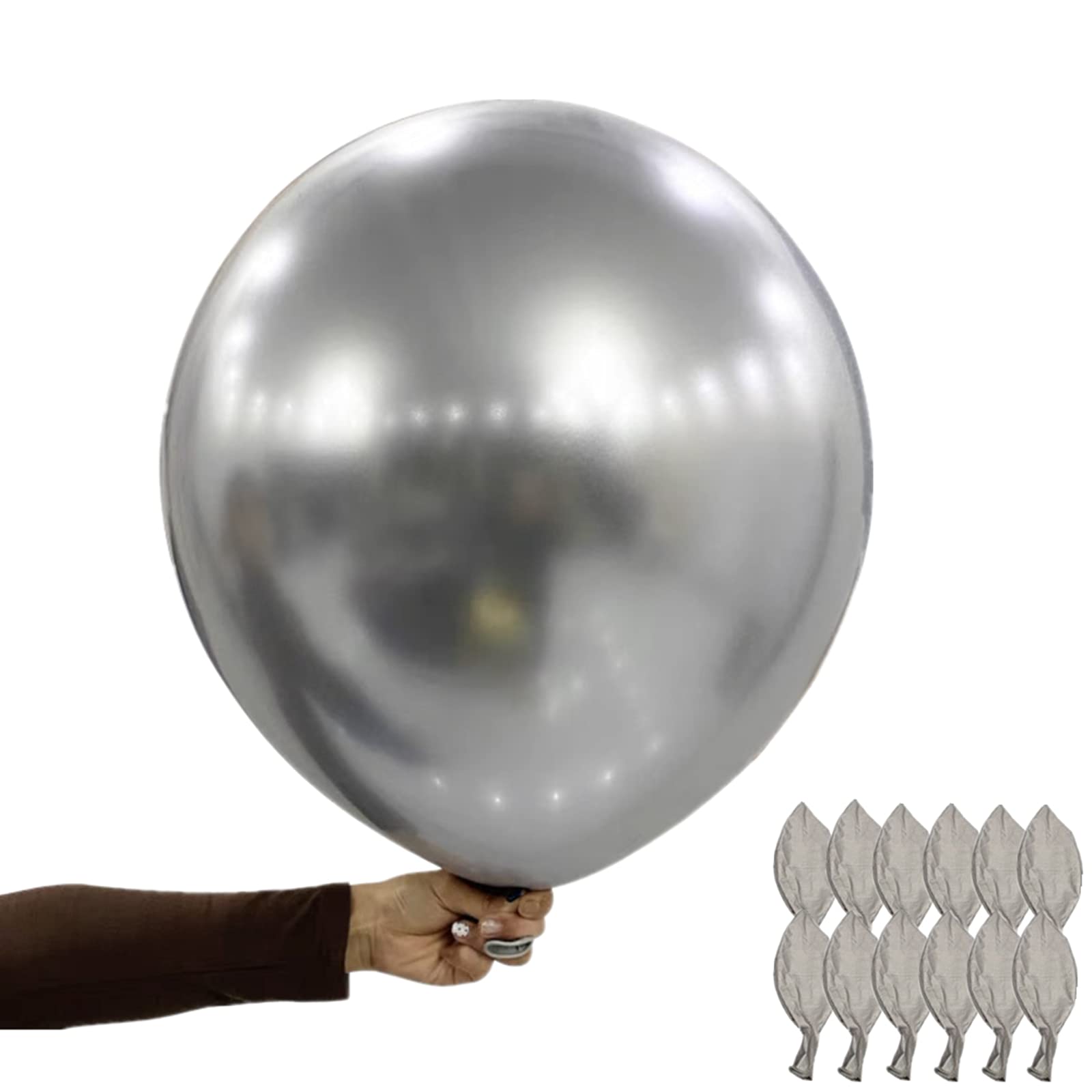 12 Pcs 18 Inch Silver Metallic Balloons, Thick Latex Chrome Balloons for Wedding, Birthday, Party, Halloween, Christmas, Baby Shower, Carnival