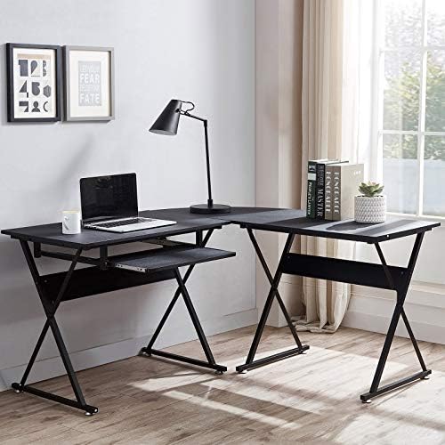 L Shaped Desk With Keyboard Tray Reversible Gaming Desk Corner Computer Desk For Home Office Black Wood Steel Frame Writing Study Pc Workstation Table For Small Space Buy Online At Best