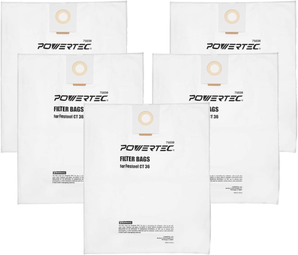 POWERTEC496186 Selfclean Filter Bag for Festool CT 36, 577084 5PK, for Festool CT36, CT36E Dust Extractor, Replacement Vacuum Bags, Filter Bags for Festool (75038)