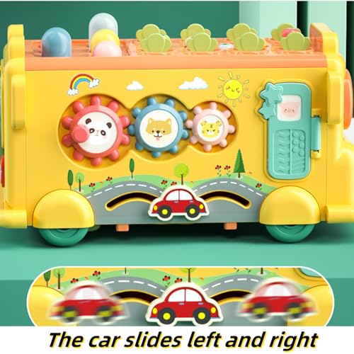 AM ANNA 12-in-1 Montessori Toy for 1-3 Year Old Baby Boys Girls - Hammering Pounding Harvest School Bus With Gears, Teaching Clock, Fishing Game and Color Matching - Gift for Kids