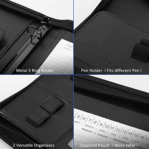 OOWOLF Padfolio Portfolio Folder, PU Leather Professional with Round Ring Binder 8.5 x 11 Inch Writing Pad Tablet Sleeve Interview Resume Document Organizer Business Card Holder Zippered Closure