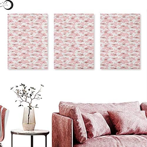 J Chief Sky Cherry Blossom Landscape Canvas Hand Drawn Style Little Flowers Botanical Doodle Sketch Organic Garden Triptych Wall Art Rose Ruby White W 16" x L 32" x3pcs