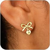 Bykuvo Gold Stud Earrings For Women,14K Gold Plated Hypoallergenic Diamond Bow Stud Earrings For Women Trendy,Bow Pearl Drop Dangle Earrings Dainty Cute Christmas Jewelry Gifts