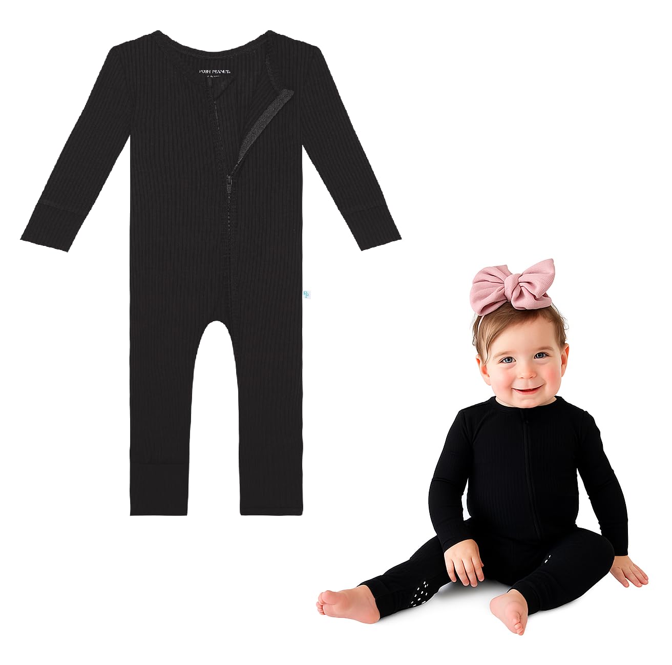 Posh Peanut Convertible Baby Sleepers - Girls Footless Baby Pajamas with 2 Way Zipper for Easy Diaper Changes - Solid Ribbed - Black, 3-6 Months Image