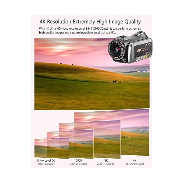 Camcorder 4k,mit 64-fachem Digitalzoom, Verbindung/LED-Licht, Mikrofon und anderem Zubehör (Kameratasche und 64 GB SD… – Bild 4