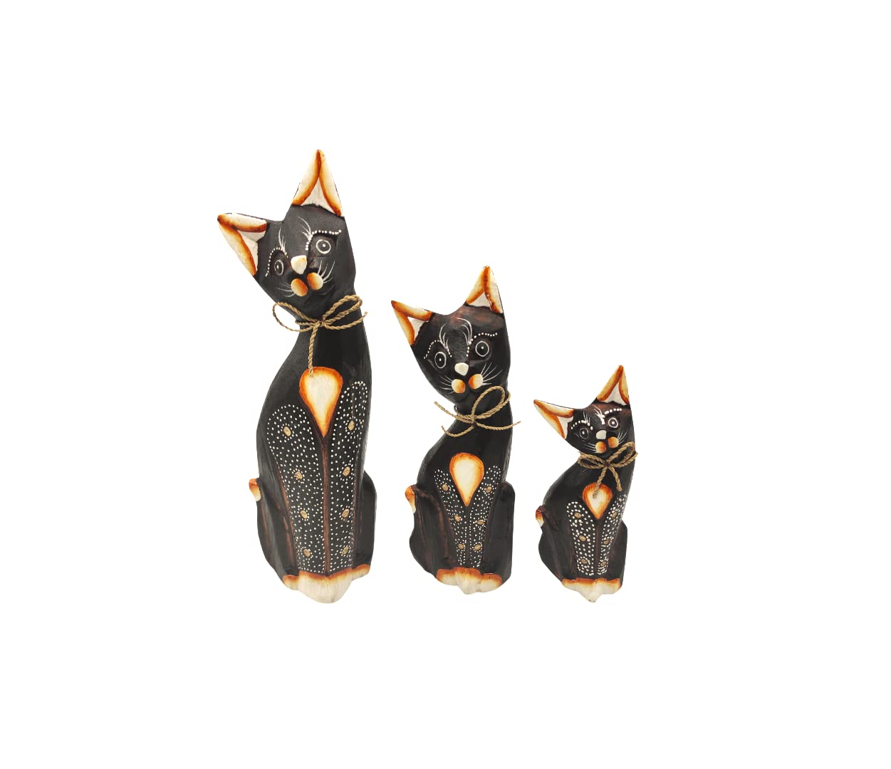SusggO Set of 3 Wooden Animal Figures, Lucky Cat, Lucky Owl, Turtle, Fish - Decoration, Hand Carved Crafts, Furniture Decoration (3 Cats, Brown, Dots, Mod 1 GMPT1)