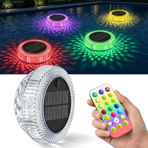 Solar Float Lights for Swimming Pool, 7 Colors RGB + Running Effect, IP68 Waterproof, 4 Brightness Levels, 10m Remote Control, Timer 2/4/6h - for Pool, Pond, Garden, Party Decoration