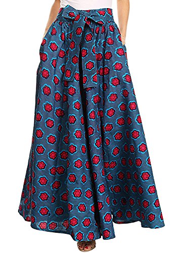 Novia's Choice Women African Floral Print Pleated High Waist Maxi Skirt Casual A Line Skirt(Little Red Flower),X-Large