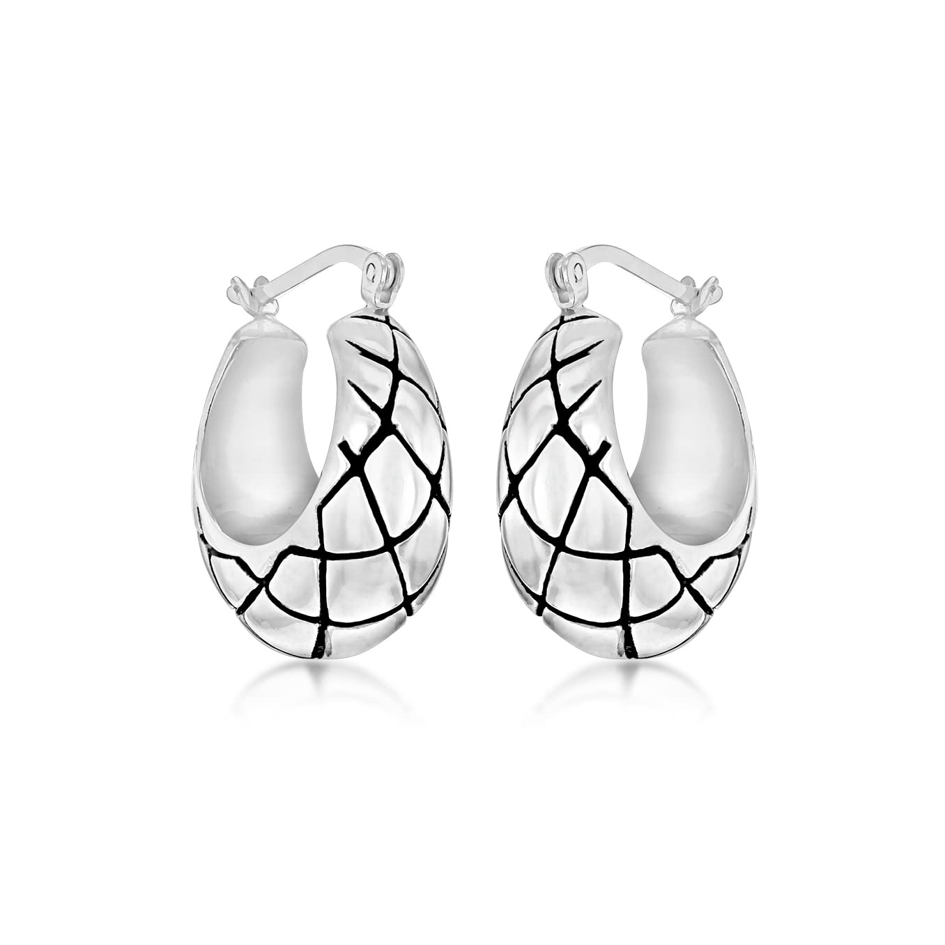 Tuscany Silver Women's Sterling Silver Oxidised Antique Style Quilt Pattern Creole Earrings, 19.5 x 21.5 mm
